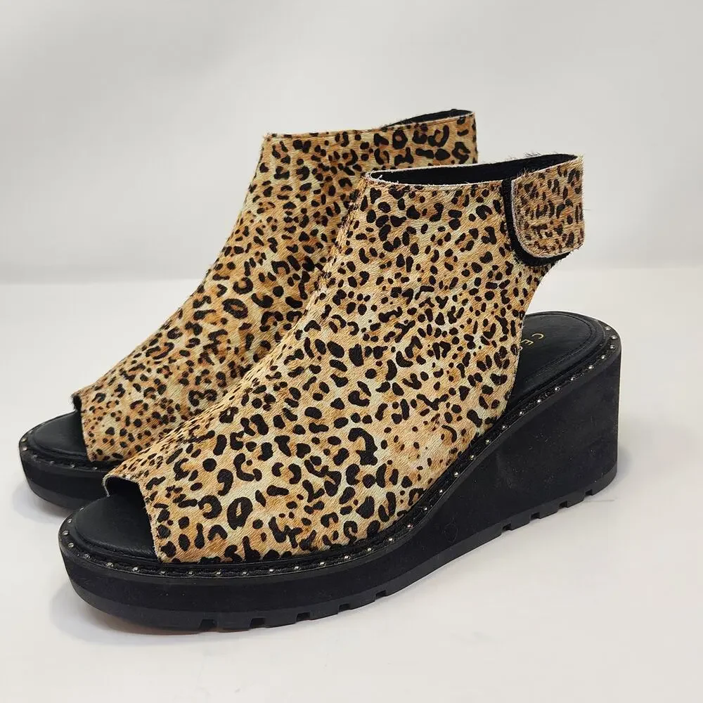 Cecelia New York Gianna Leopard Print Calf Hair Wedge Sandal Women Size 8M